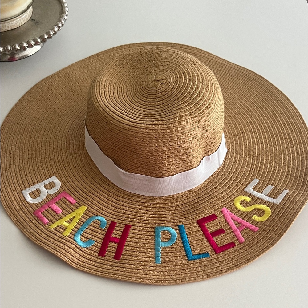 Wide Brim Straw Sun Hat with 'BEACH PLEASE' Embroidery